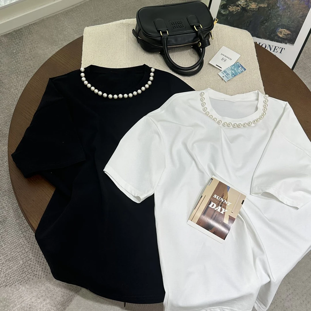 B 门店36&9！赫本珍珠领！简约百搭/棉感舒适透气短袖T恤女 C21284