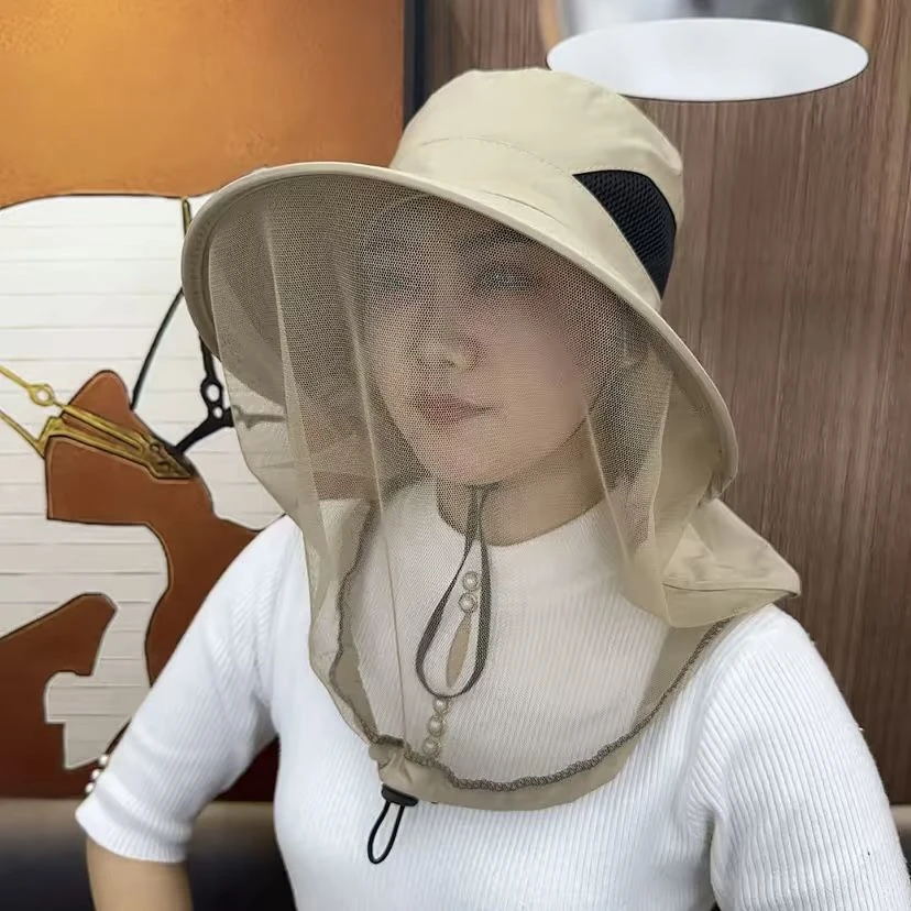 【店铺热销】夏季网纱帽薄款透气防晒面纱一体防蚊虫护颈男女披肩帽