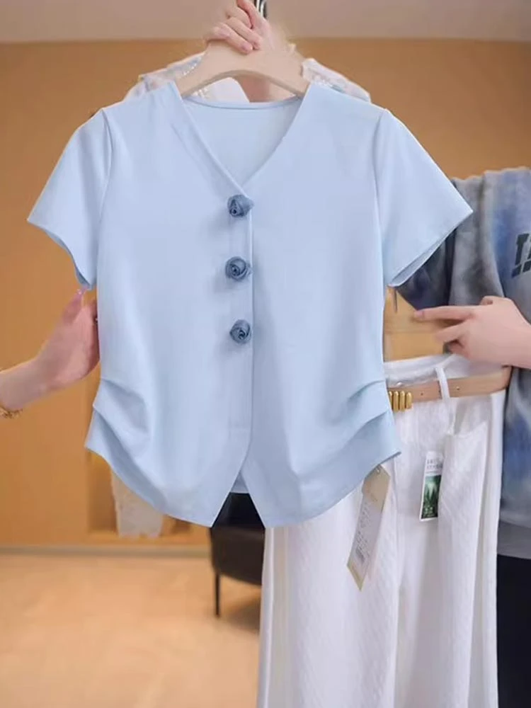 设计感立体花朵漂亮减龄v领短袖t恤2025夏季褶皱收腰显瘦纯色上衣