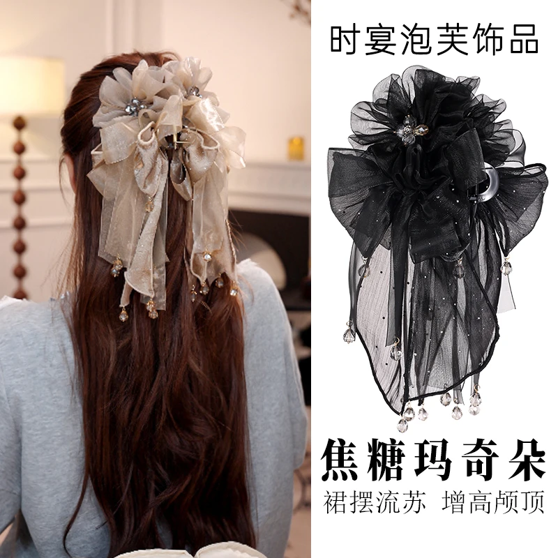 焦糖玛奇朵抓夹法式重工丝带蝴蝶结花朵裙摆流苏发饰原创新款头饰