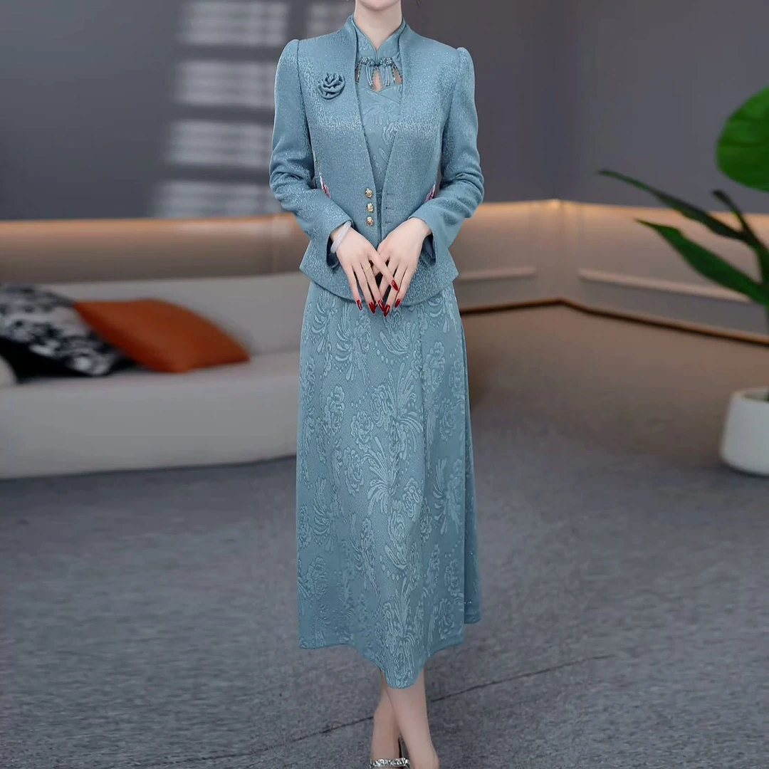 琉璃精纺2025秋季新款时尚优雅新国风显瘦短款外套+连衣裙套装
