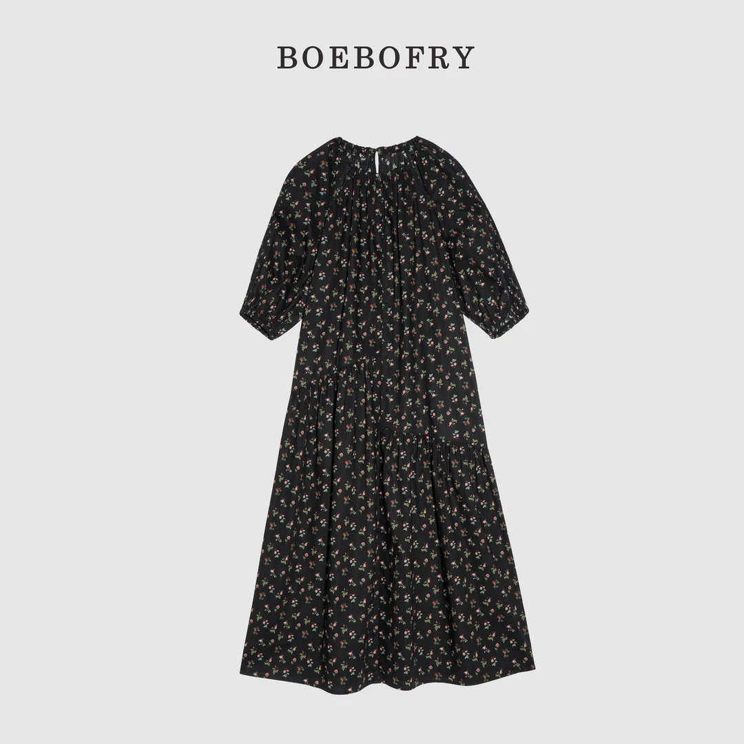 BOEBOFRY<锦簇蔷薇>圆领法式气质轻奢欧若风宽松连衣裙BE2L0781下
