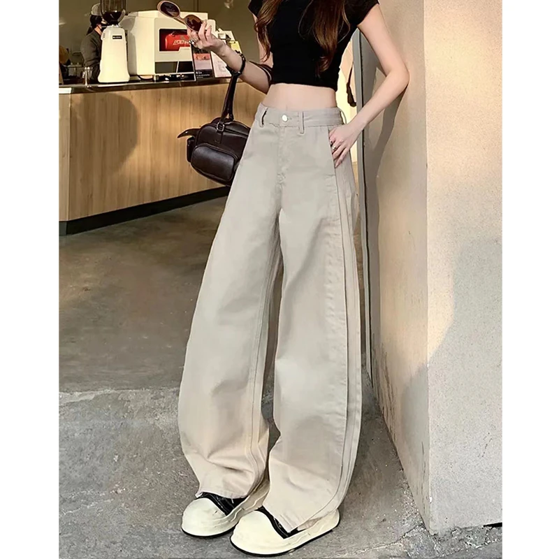 乔栈莫兰迪灰拼接弯刀牛仔裤女春季新款高腰显瘦设计感垂感拖地裤