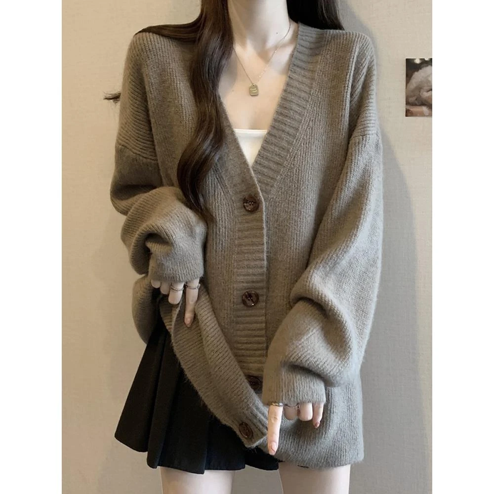 韩版秋季毛针织衫宽松慵懒风毛衣女装卡其V领针织衫V领