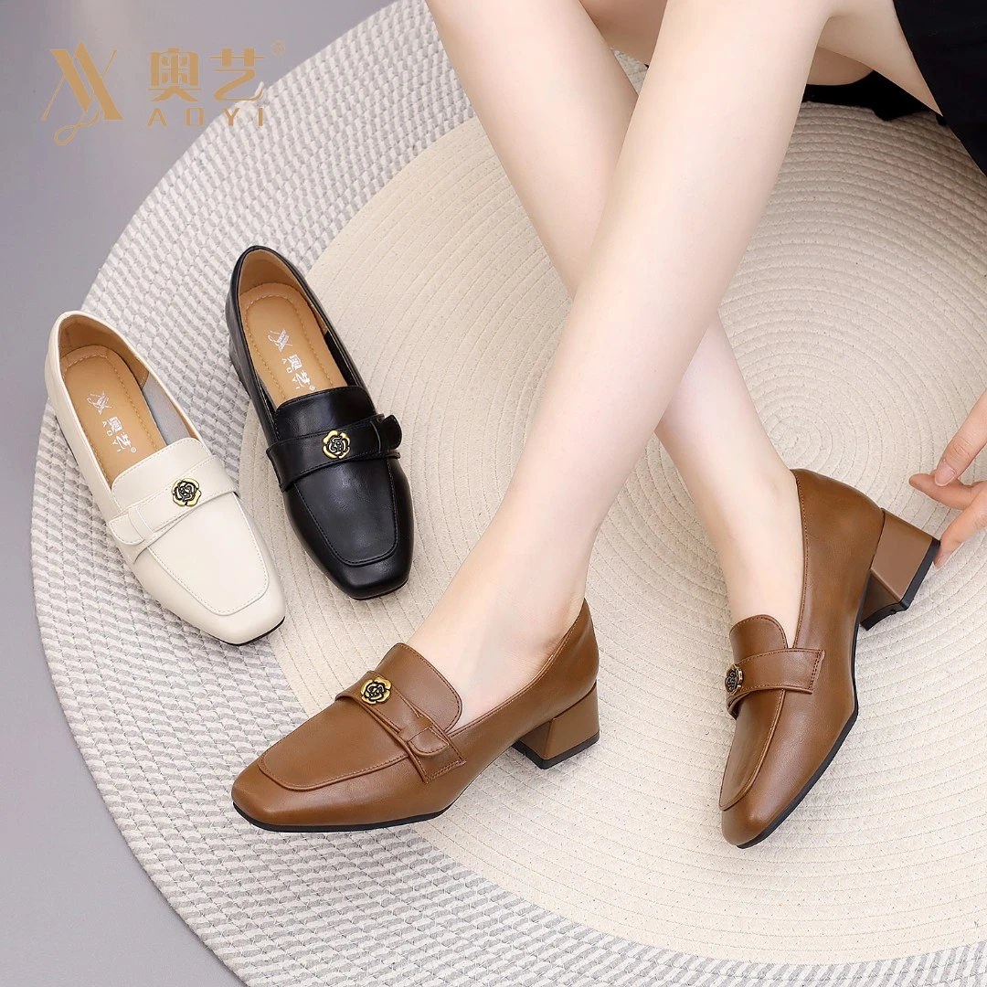奥艺新款真皮女鞋手抓纹春夏秋中跟方头单鞋气质舒适上班7001