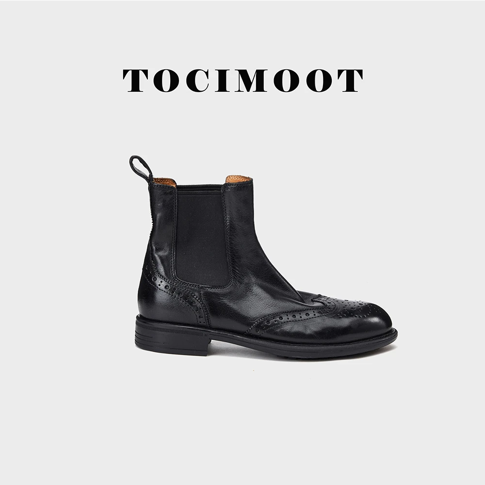 TOCIMOOT/小众植鞣牛皮靴子布洛克雕花高级一脚蹬短靴
