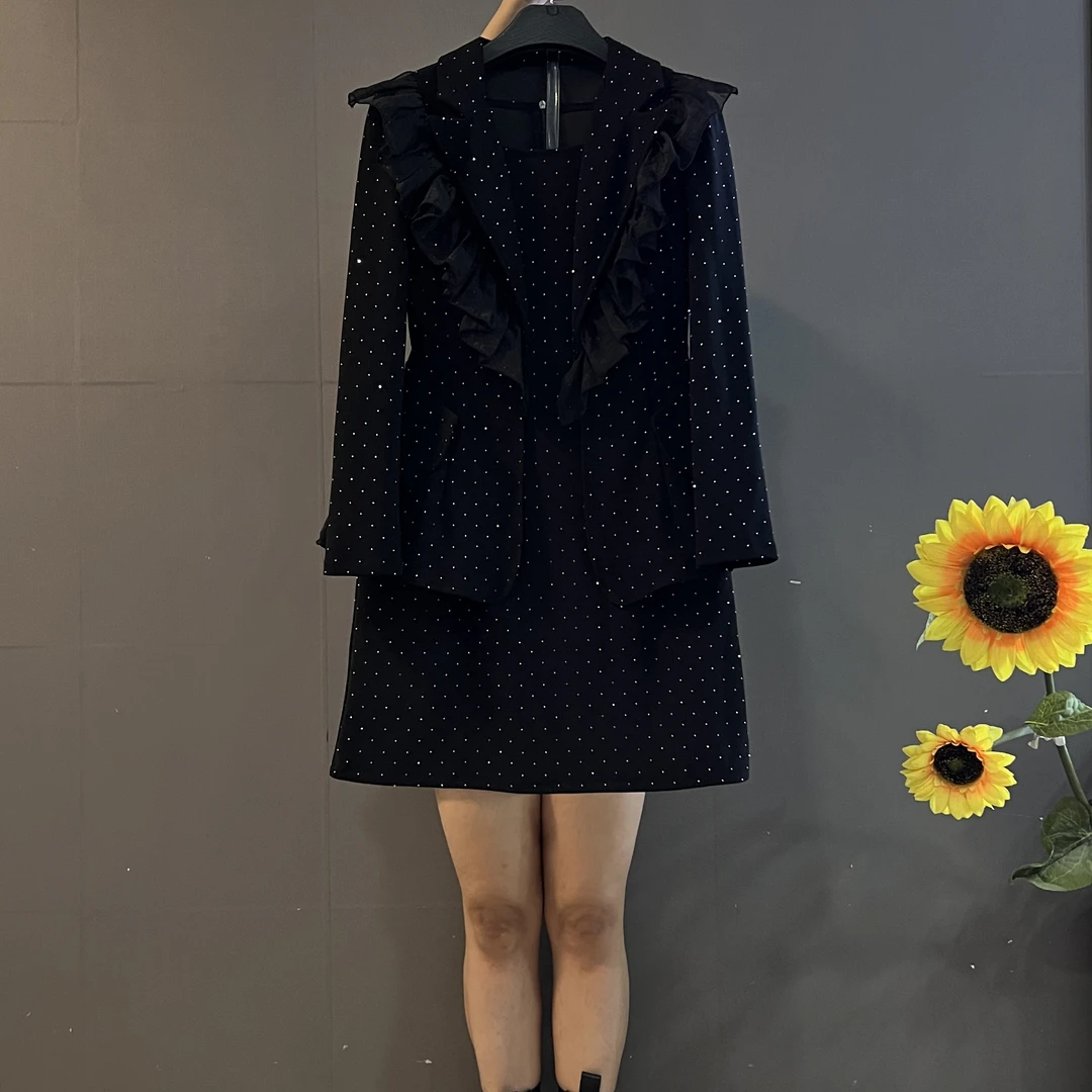 欧货新款时尚高级感重工烫钻名媛风外套搭配无袖连衣裙气质两件套