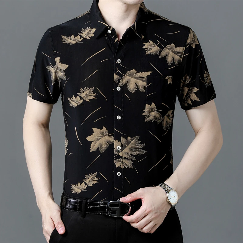 爸爸装新款夏季花衬衫印花短袖无痕宽松休闲显瘦透气翻领