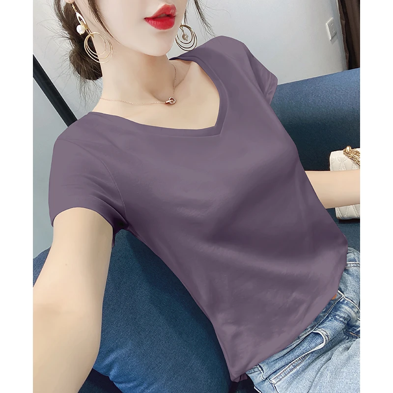 暗紫色短袖t恤女V领修身纯棉2025春夏季新款韩版百搭正肩紧身上衣