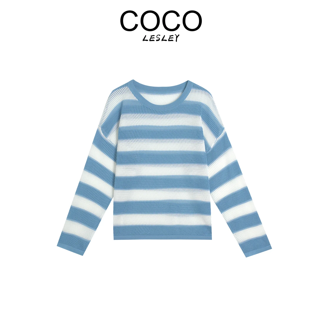 【COCO LESLEY】时尚斜纹条纹防晒长袖针织上衣6130