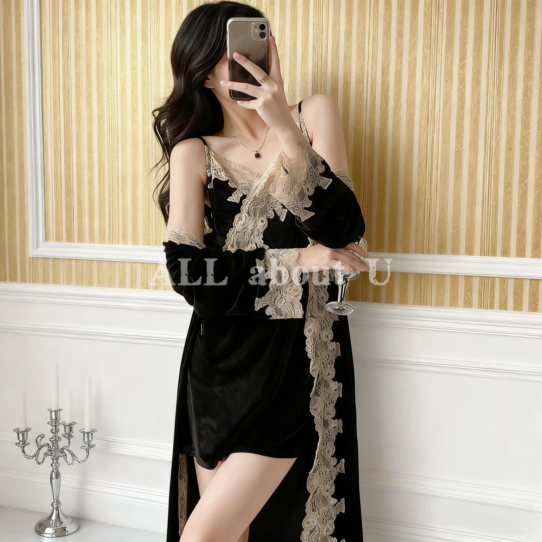 【依偎】金丝绒睡衣秋冬季新款性感吊带睡裙睡袍两件套装纯色家居服