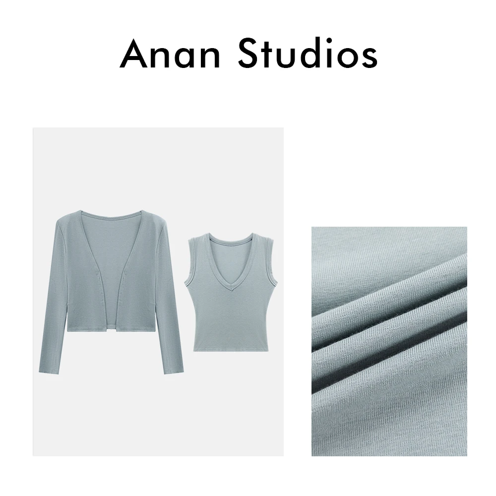 【抹茶蛋糕】新款纯欲风性感开衫+V领无袖背心两件套（带垫肩）❤