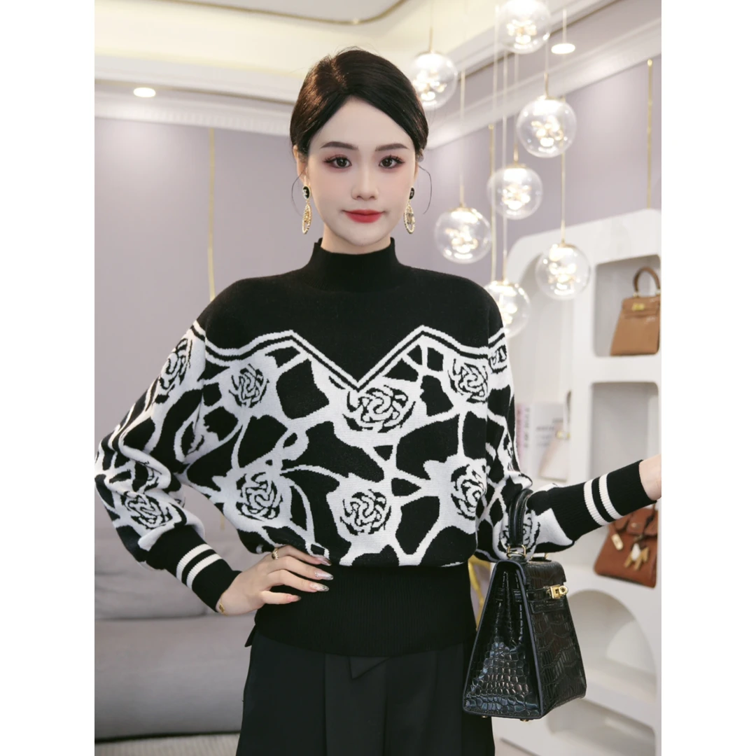 2025秋冬新款爆款【JR-07】含绵羊毛时尚气质提花长袖针织衫毛衣女