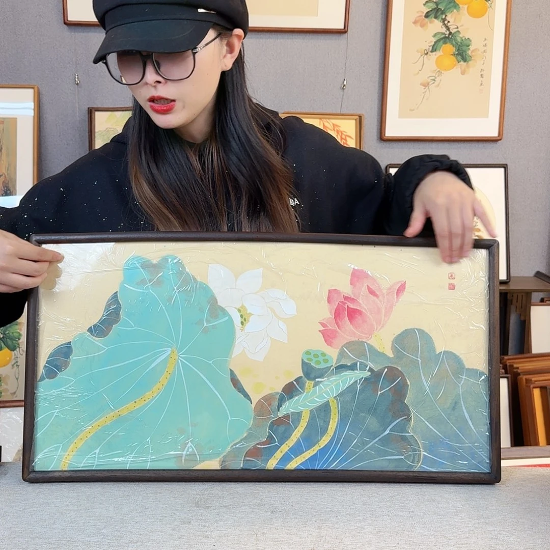 国画纯手绘，纯手写带框尺寸：36×69厘米