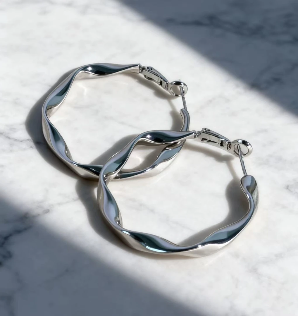 铜合金耳饰 铜合金波浪个性时尚欧美耳圈银色素圈简约冷淡风