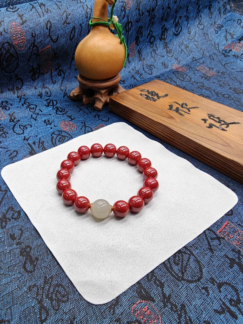 含辰砂工艺品天然压制朱砂帝王砂10mm手串配藕粉玉珠子