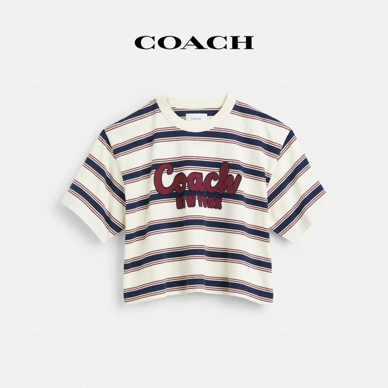 COACH/蔻驰 草书体COACH文字条纹短款T恤