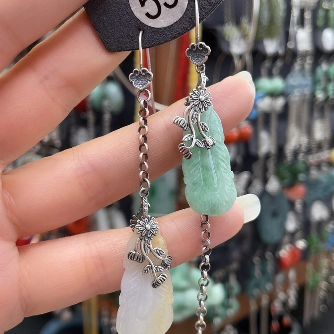 翡翠耳饰银S925镶嵌一***静763fhnhghh