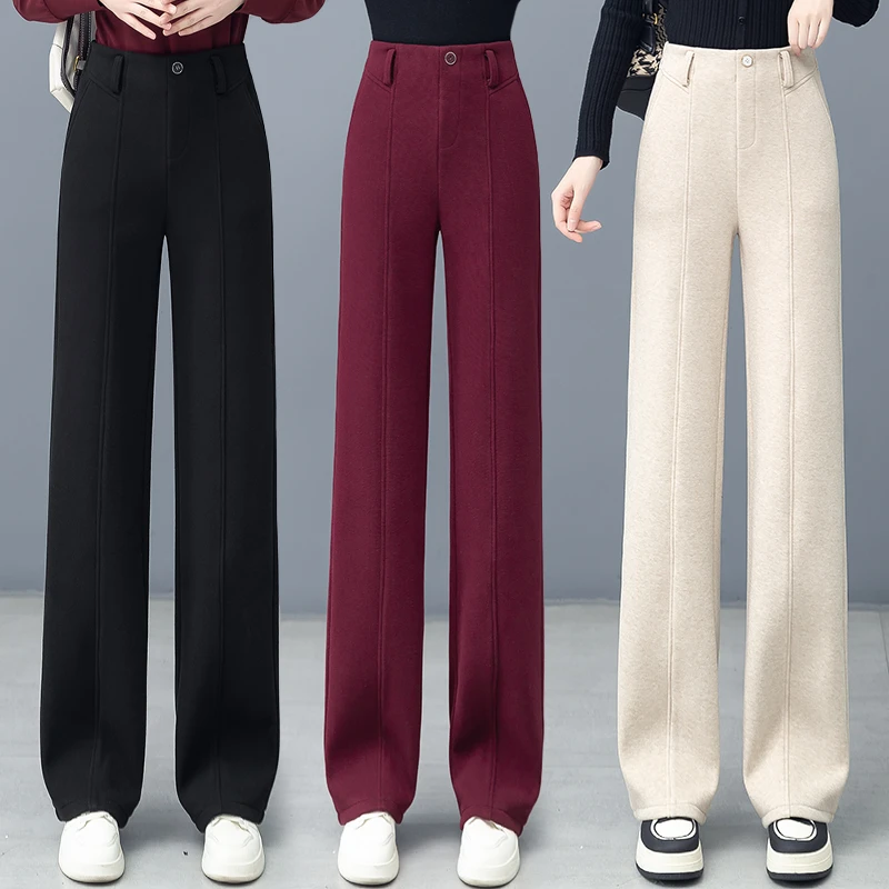 高端品质阔腿裤安哥拉红轻奢高腰设计款加绒加厚垂感长裤质感女裤
