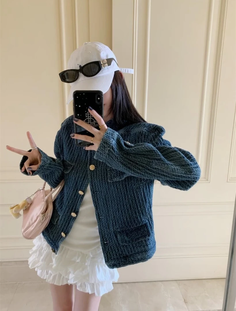 高级感小香风肌理感水洗牛仔外套设计感复古气质百搭蓝色夹克上衣