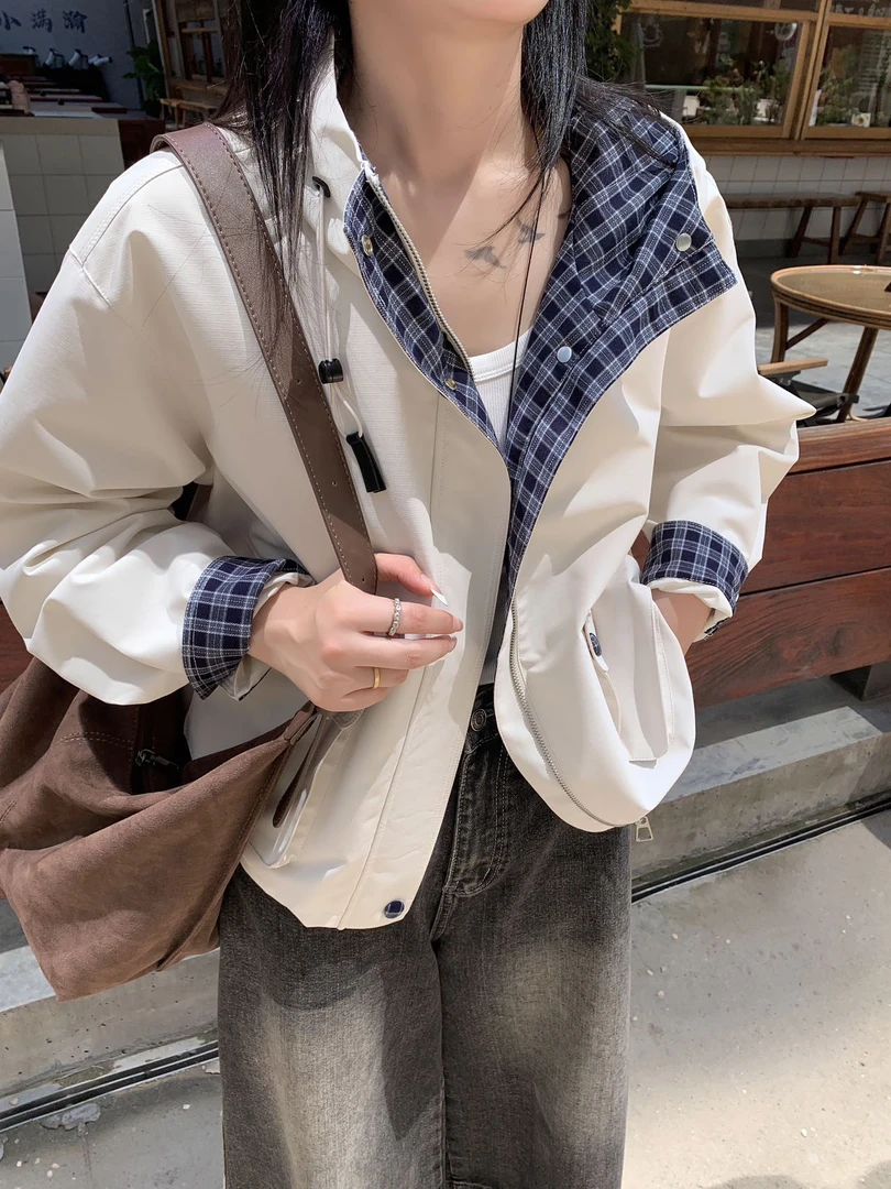 炸款～欧货拼接格子连帽冲锋衣外套27853