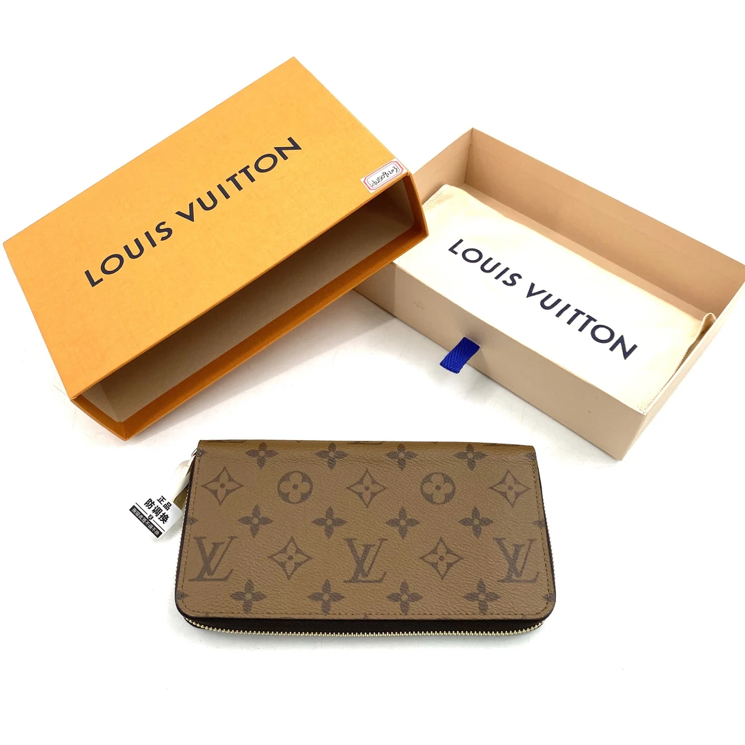 未使用 LouisVuitton/路易威登 咖焦糖拼色老花拉链钱包20/10