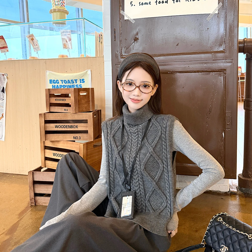 溪溪靓衫~针织马甲秋冬前后两穿背心+半高领打底衫+西裤阔腿裤