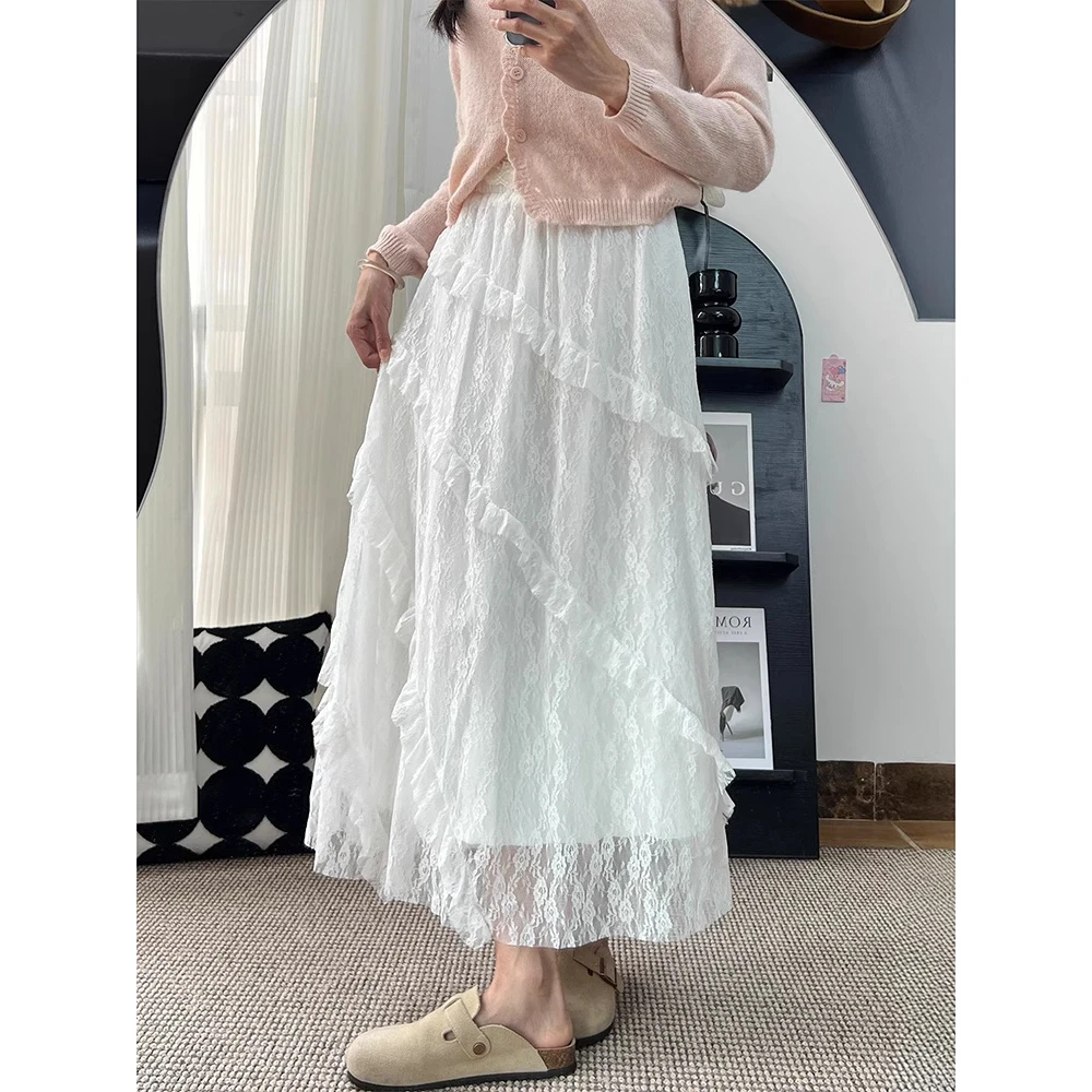 白色蕾丝半身裙女夏季新款胖妹妹mm高腰遮胯垂感长款不规则蛋糕裙