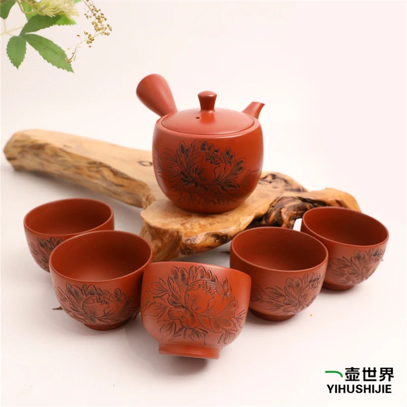 日本常滑烧 丰荣 朱泥牡丹350ml纯手工日式紫砂侧把陶6点茶壶套组