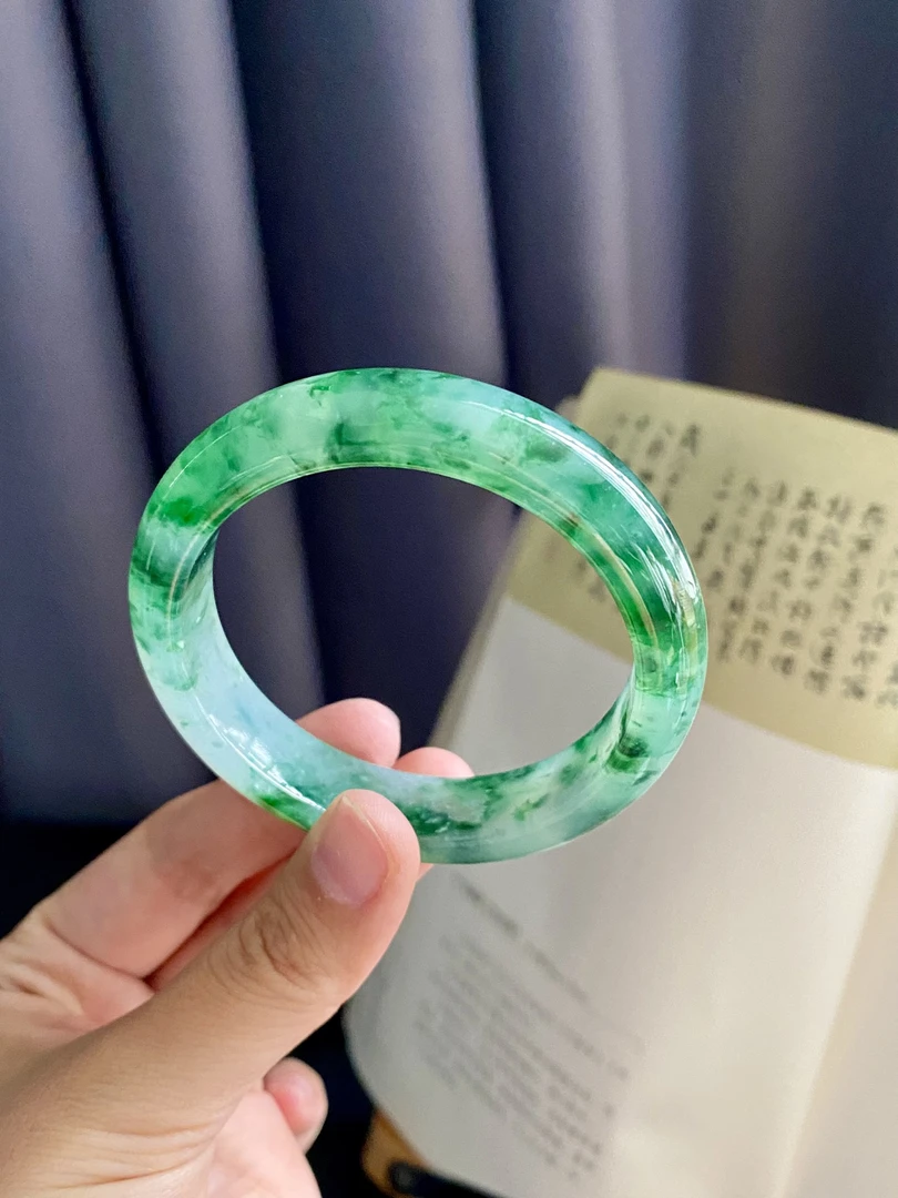 冰种冰透冰飘绿花正圈时尚女士翡翠玉石手镯定金链接1w