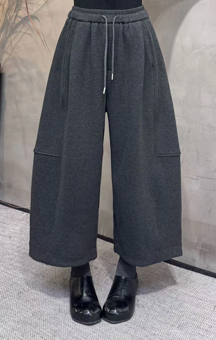 8553#加绒加厚羊绒九分阔腿气球裤女高腰显瘦宽松直筒弯刀休闲裤