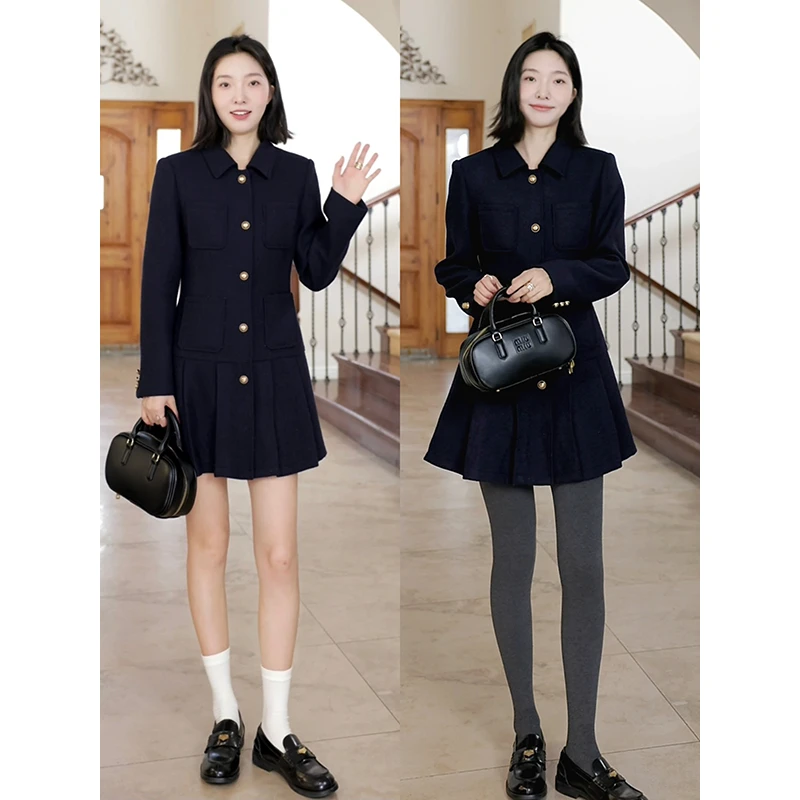 郭九九呢 羊毛气质复古学院风撞色荷叶边毛呢连衣裙 G924Q20949