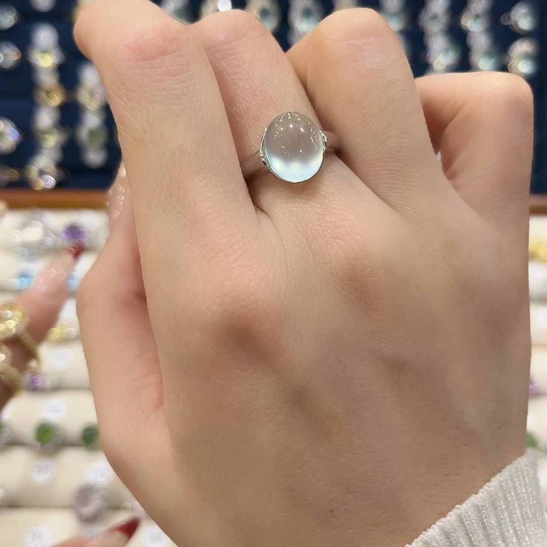 蛇纹石玉女款银S925镶嵌冰**李戒指84