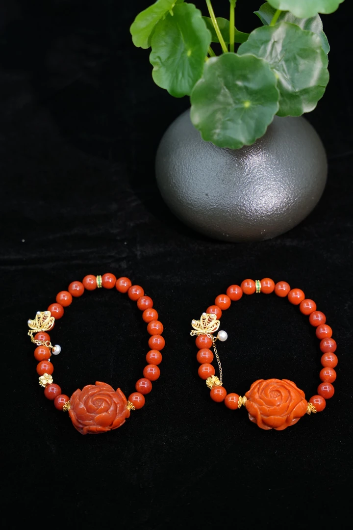 【元宝珠宝】7＋南红牡丹花圆珠手串YB15156904多样性发一件