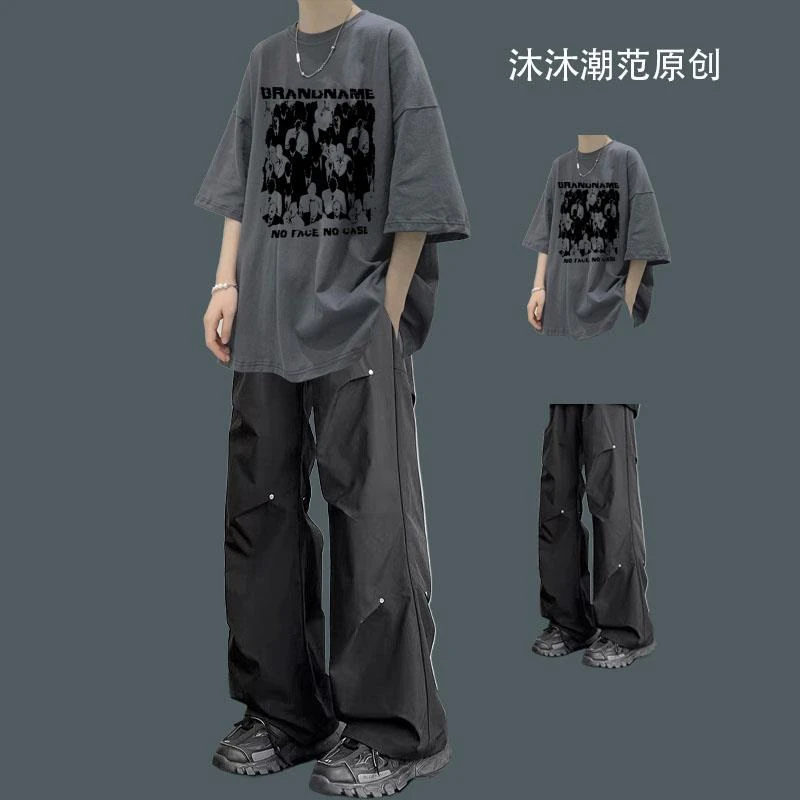 套装男生夏季美式短袖t恤时尚青少年一整套搭配冲锋裤痞帅两件套
