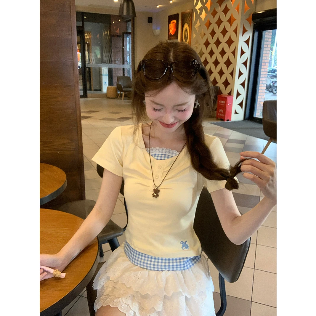 芭蕾风假两件蕾丝格子短袖t恤女夏季小众独特别致漂亮修身小上衣