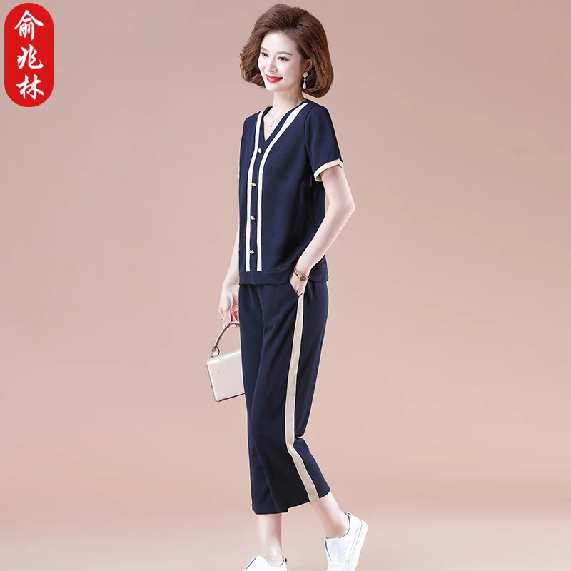 俞兆林妈妈装夏季运动服套装女2025新款中老年夏装短袖上衣两件套