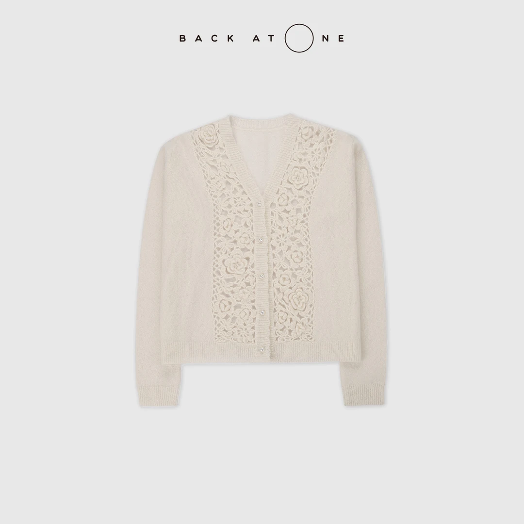 BACKATONE“花窗絮影” 时尚丝羊绒手工钩花针织开衫 BFF-1AS353H-K
