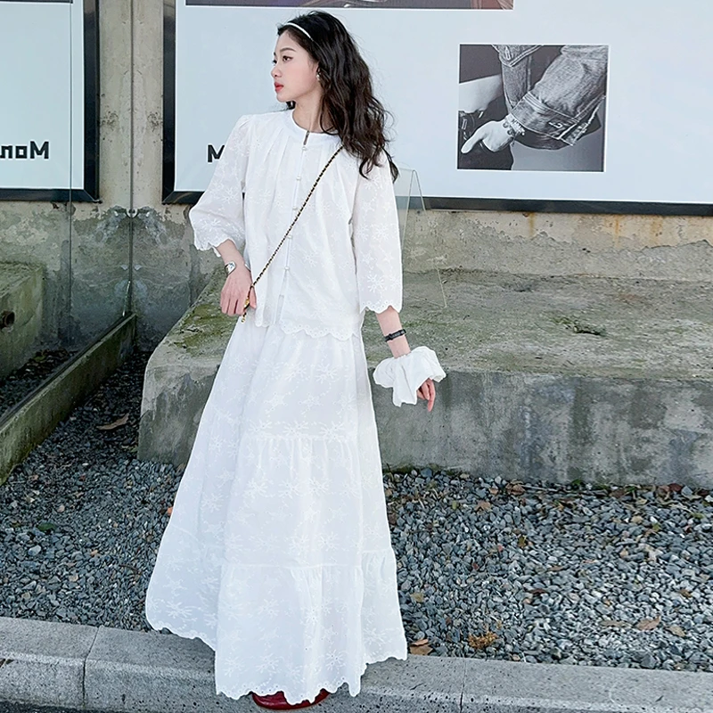 女童套装新中式国风刺绣七分袖白色上衣百搭宽松裤子两件套2025夏