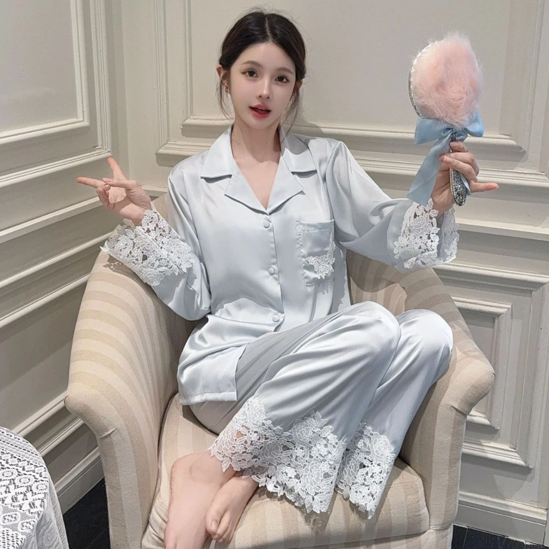 【初沁枫】轻奢冰丝家居服女夏季新款高级感蕾丝长袖长裤睡衣套装女