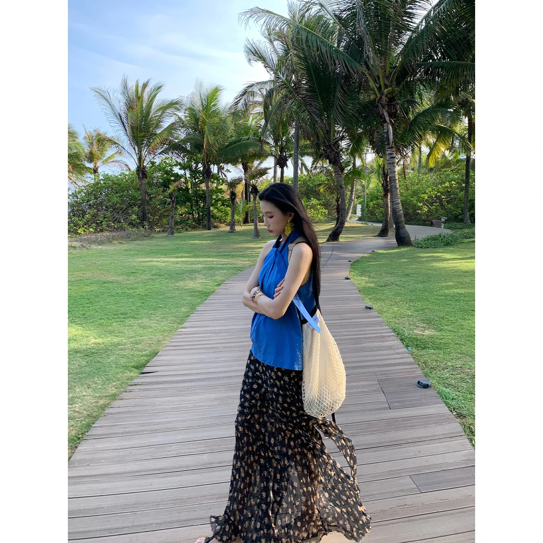 70不是七十【麻豆夏花】春夏韩系梭织双层飘逸感碎花压褶半裙