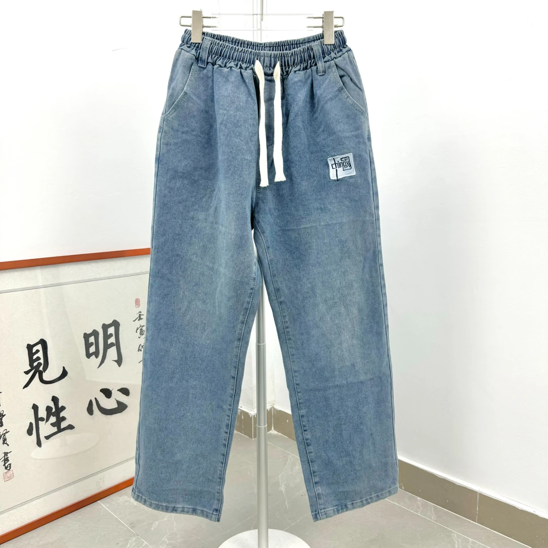 直筒宽松阔腿松紧腰抽绳男士牛仔裤休闲百搭潮流