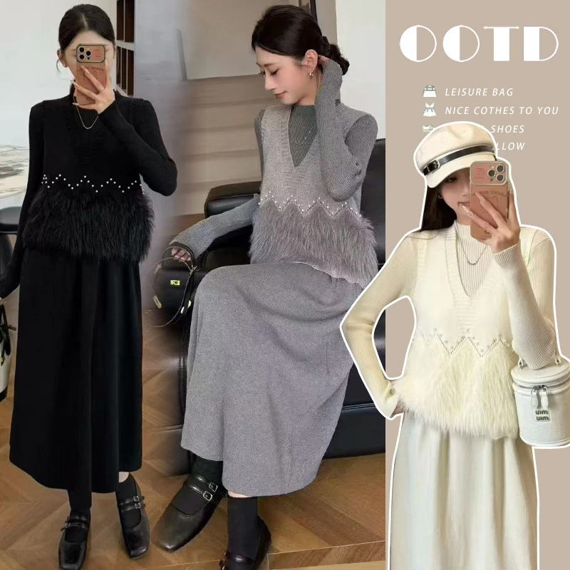 孕妇装秋季套装2025新款重工钩花马甲打底连衣裙孕妈法式穿搭冬装