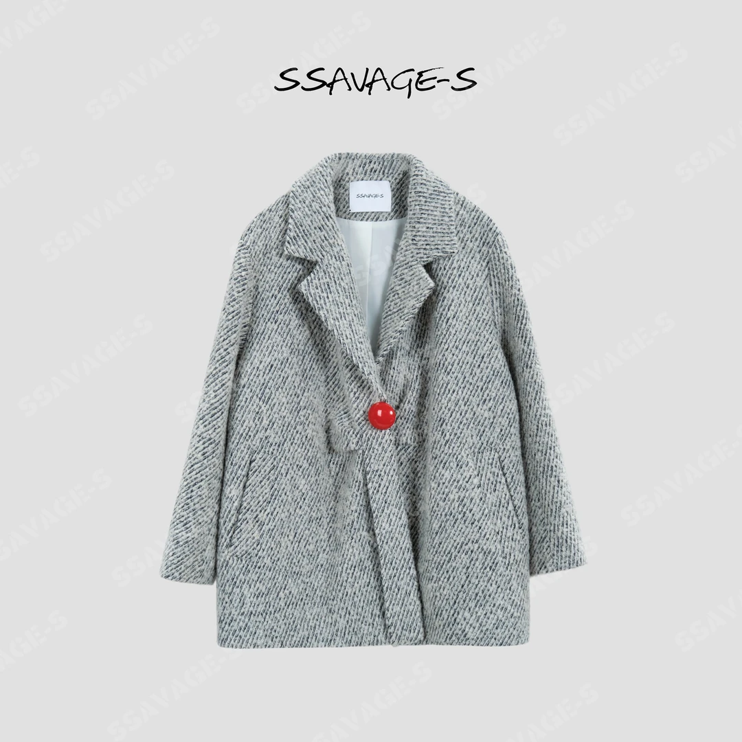 SSAVAGE“北欧峡湾”立裁一粒扣斜纹羊毛呢大衣外套SS90843