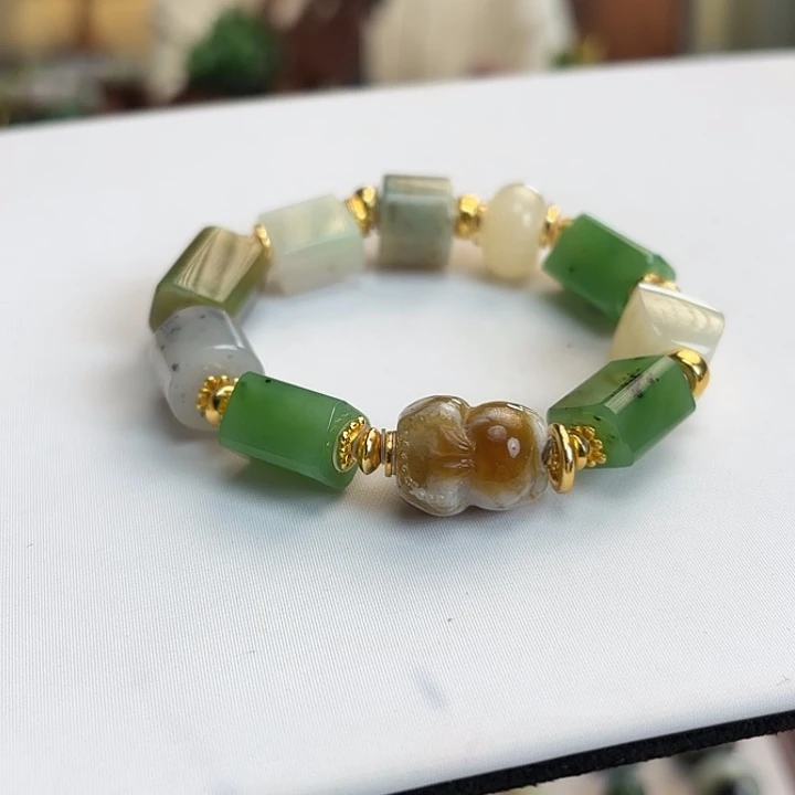 和田玉（碧玉）银S925镶嵌手链碧玉多宝