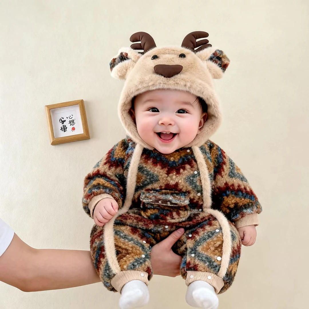 【鹿鸣森语】婴儿冬季加绒加厚连体衣棉服宝宝衣服超萌冬装外出服