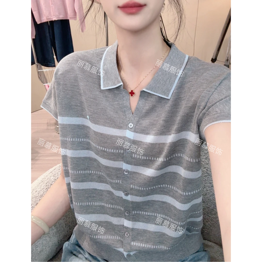 【翻领条纹短袖开衫】蝴蝶结装饰单排扣剪刀翻领条纹针织短袖1742