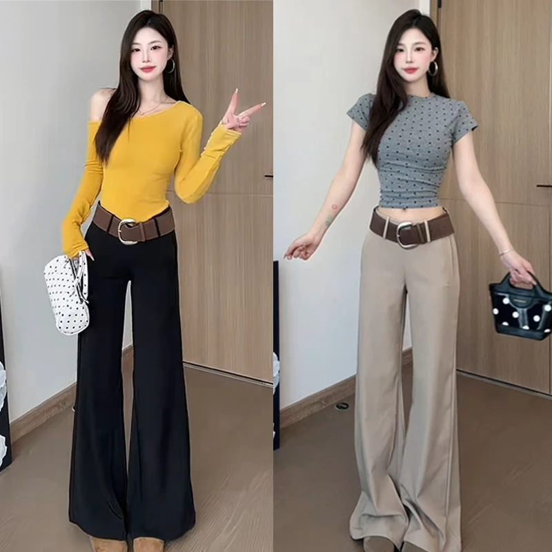 （现货）黑色中腰2025休闲裤女装春秋黑色长裤宽松阔腿裤拖地喇叭裤