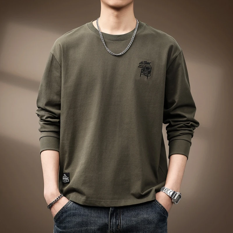 Cebrodz高端美式复古重磅刺绣长袖T恤男士春季潮牌宽松大码运动