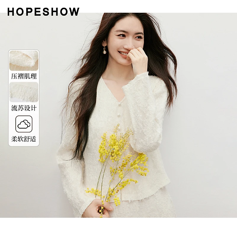 红袖2025春季新款女装剪花流苏开叉正肩V领套头短上衣90125022003